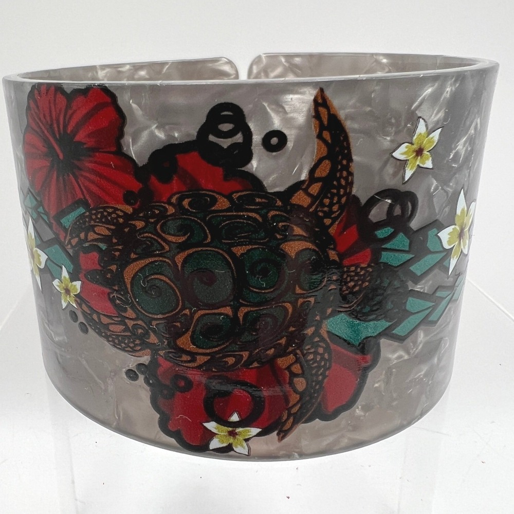 Sea Turtle Hibiscus Acrylic Cuff Bracelet‎ Tropical Coastal Boho Grey Acrylic